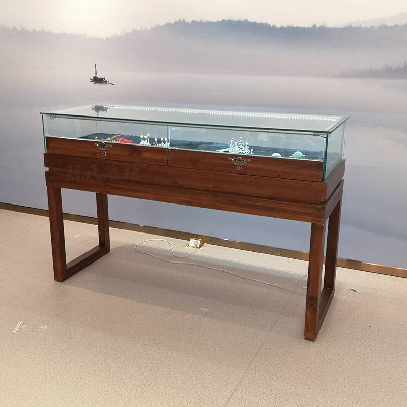 实木珠宝展示柜古玩翡翠柜台复古中式展厅博物馆精品玻璃展柜 100*40*