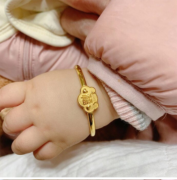 老凤凰宝宝金手镯一对福字黄金镯子金饰新生婴儿满月礼物送人足金传承