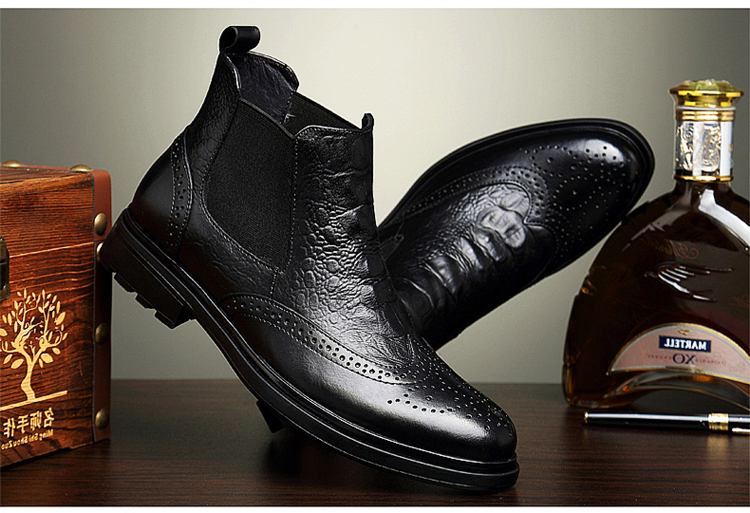 汉克红蚂蚁高帮男士皮鞋鳄鱼纹牛皮短靴系带靴子男英伦风商务皮靴中邦