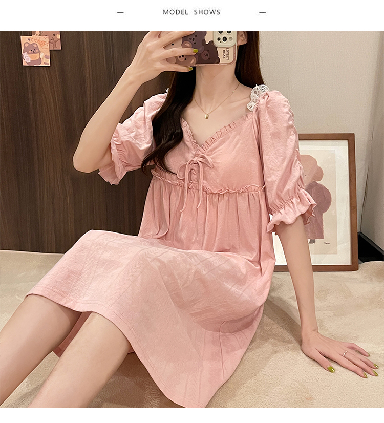 睡裙女夏季纯棉短袖甜美可爱性感v领睡衣长款过膝夏天薄款家居服3888