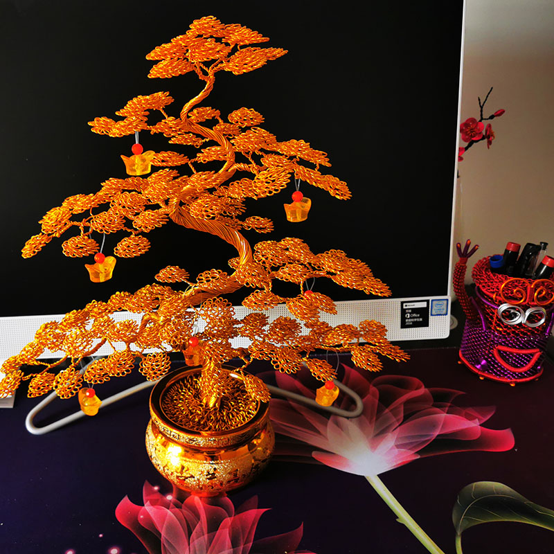 铝线手工艺品金属丝发财树摇钱树制品现代约客厅桌面装饰品 金色款宝