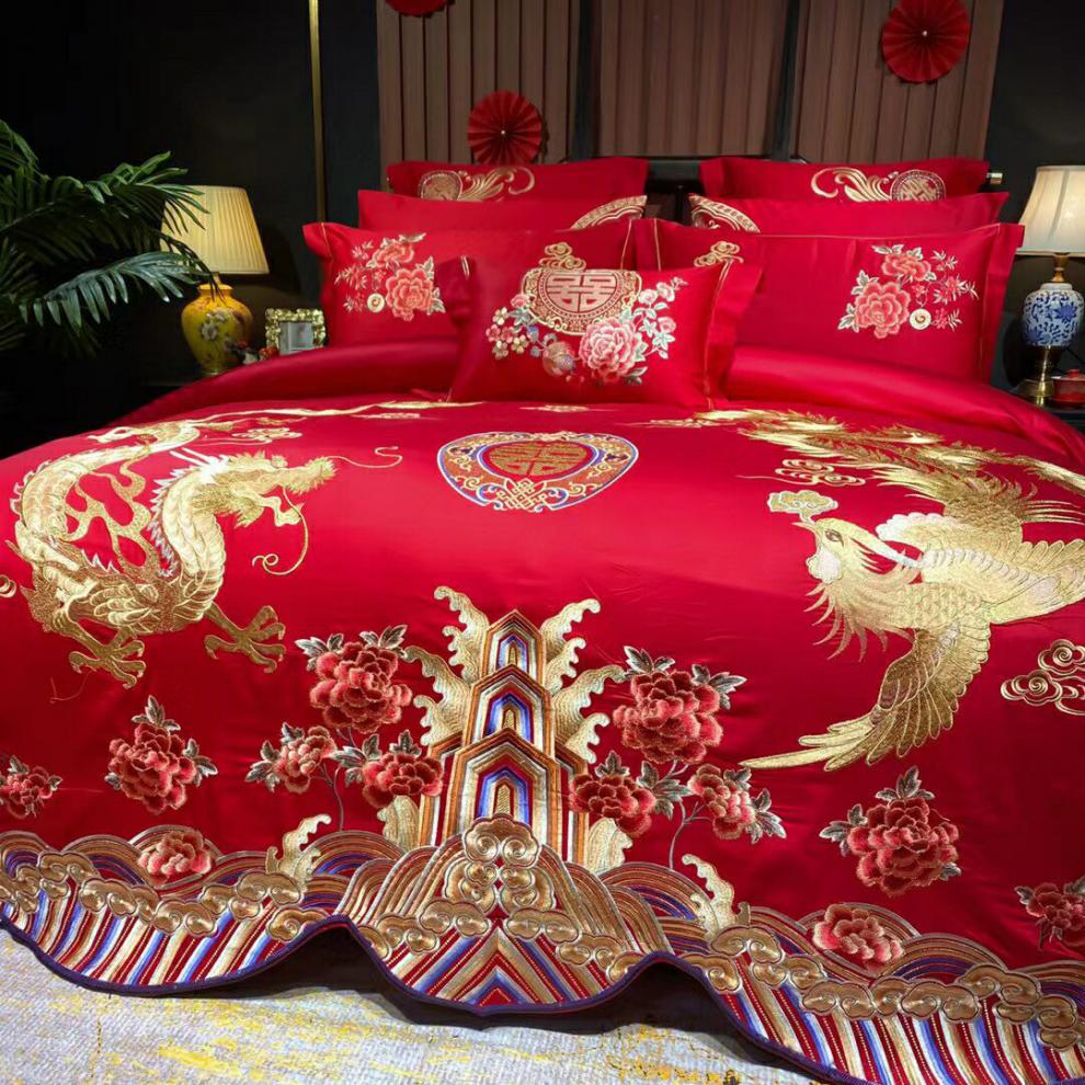 婚庆四件套刺绣全棉结婚贡缎大红色婚礼嫁婚喜床上用品贡缎六八俏佳人