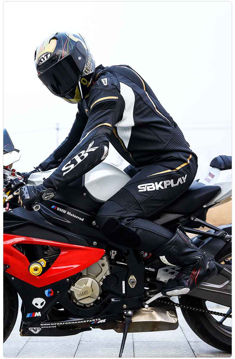 精选好货定制sbk连体皮衣赛车服摩托车骑行服竞技赛道机车服男防摔重