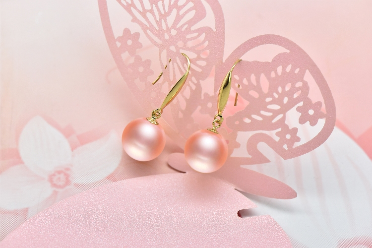 南珠世家滴水成珠橘粉色圆形淡水珍珠耳环18k金耳钩时尚精致耳饰送