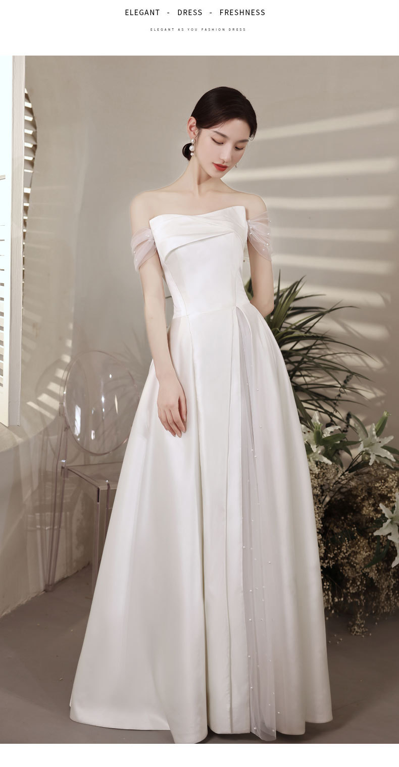 meilaiyin法式轻婚纱缎面敬酒服新娘结婚白色晚礼服宴会一字肩简约