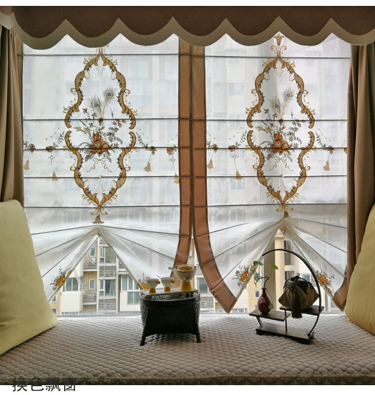 半圆形窗户大气绣花别墅楼梯窗帘欧式拱形升降可拉扇形罗蓝色单层平方