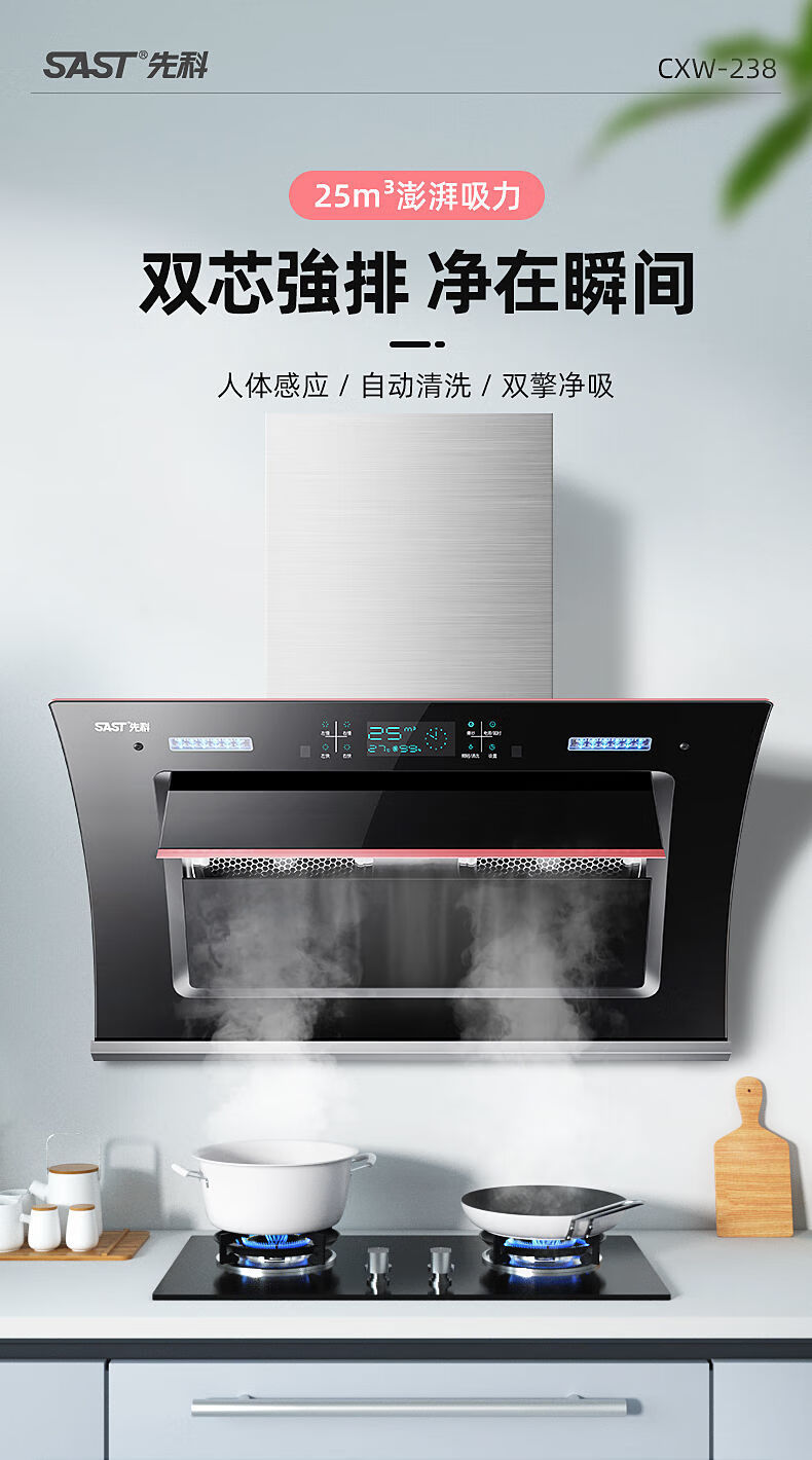sast/先科油烟机家用双电机侧吸大吸力自动清洗厨房抽油烟机 旗舰自动