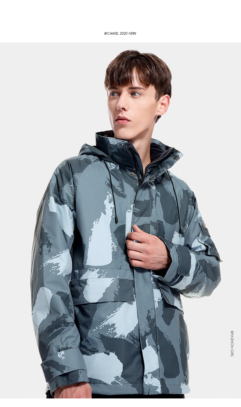 骆驼(camel)冲锋衣男女冬季户外印花外套三合一可拆卸防风 a0w246140