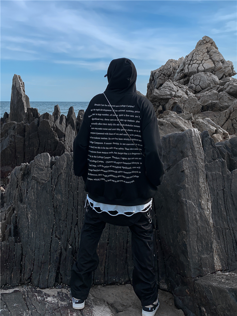 黑白述 欧美高街暗黑系小众复古雕塑印花连帽卫衣男美式街头oversize