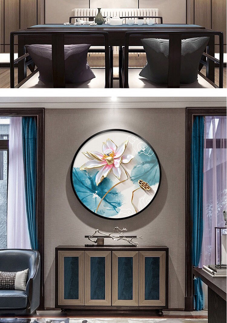 皓涛新中式水墨浮雕荷花禅意创意圆形实木装饰画简约现代客厅有框挂画