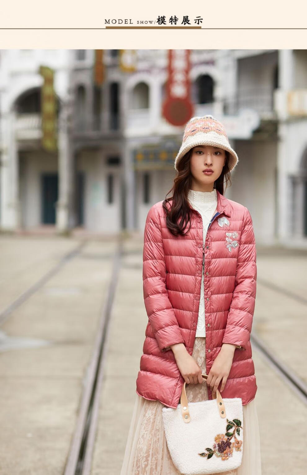 渔牌陌寒白鸭绒羽绒服女2019新款刺绣中长款大衣翻领简约外套女墨灰