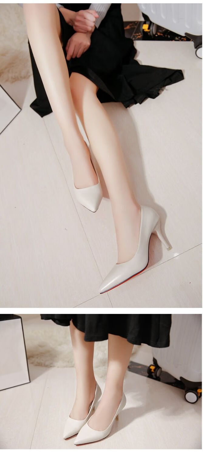 少女高跟鞋子秋季2020新款韩版白塔尖头黑色性感细跟浅口单鞋中跟 5