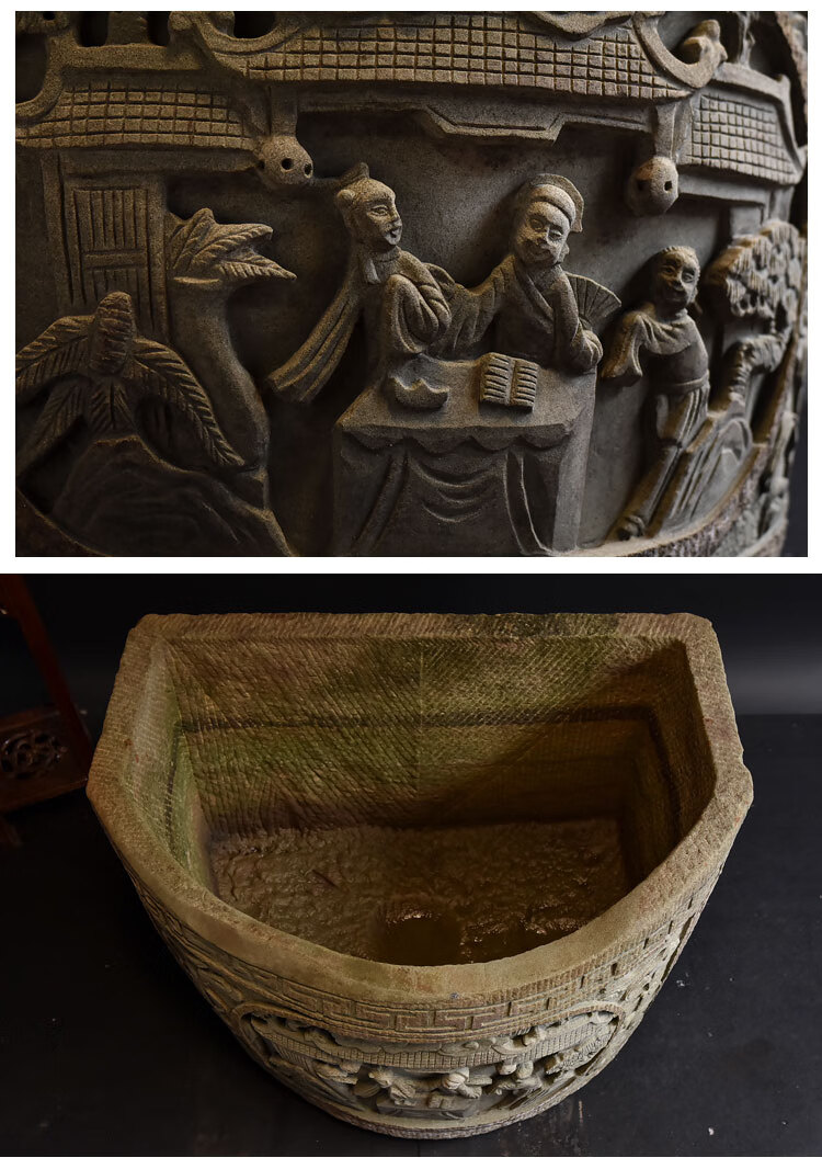 老石缸青石鱼缸石槽荷花缸仿古石雕石头鱼池水缸户外庭院流水摆件