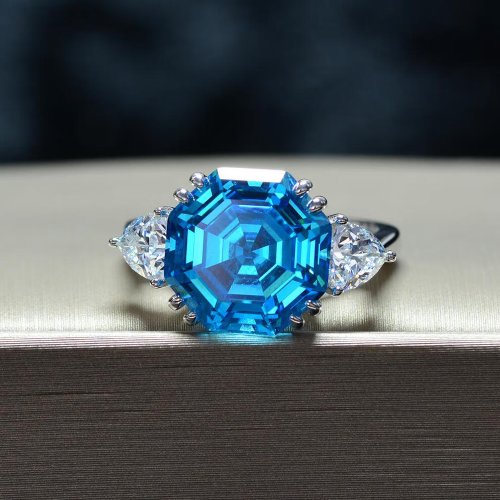 ck施华洛世奇锆轻侈八角形钻石戒指大气复古高碳蓝钻宝石蓝枕戒指女士