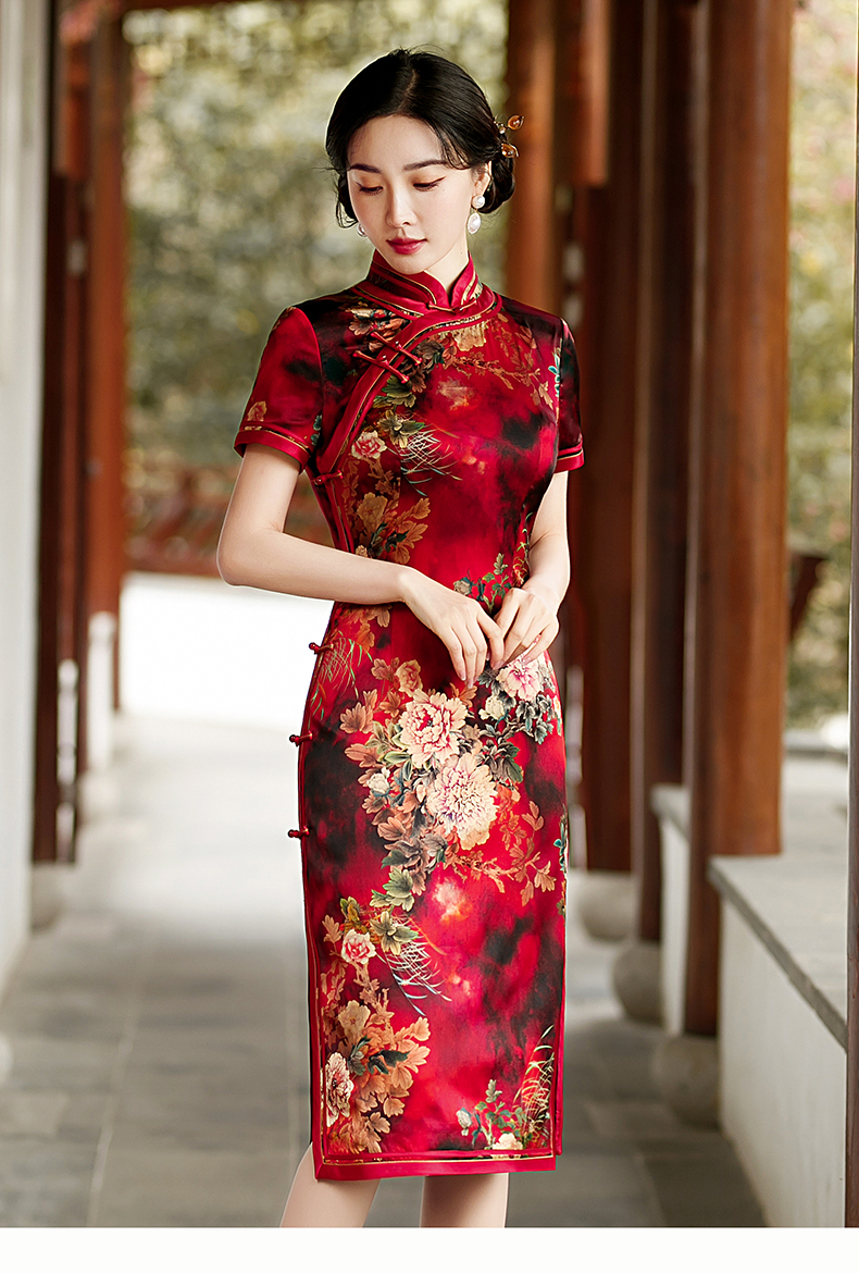 骆骐亚cmlziua品牌女装2022夏季新款中国风桑蚕丝牡丹花真丝旗袍高端