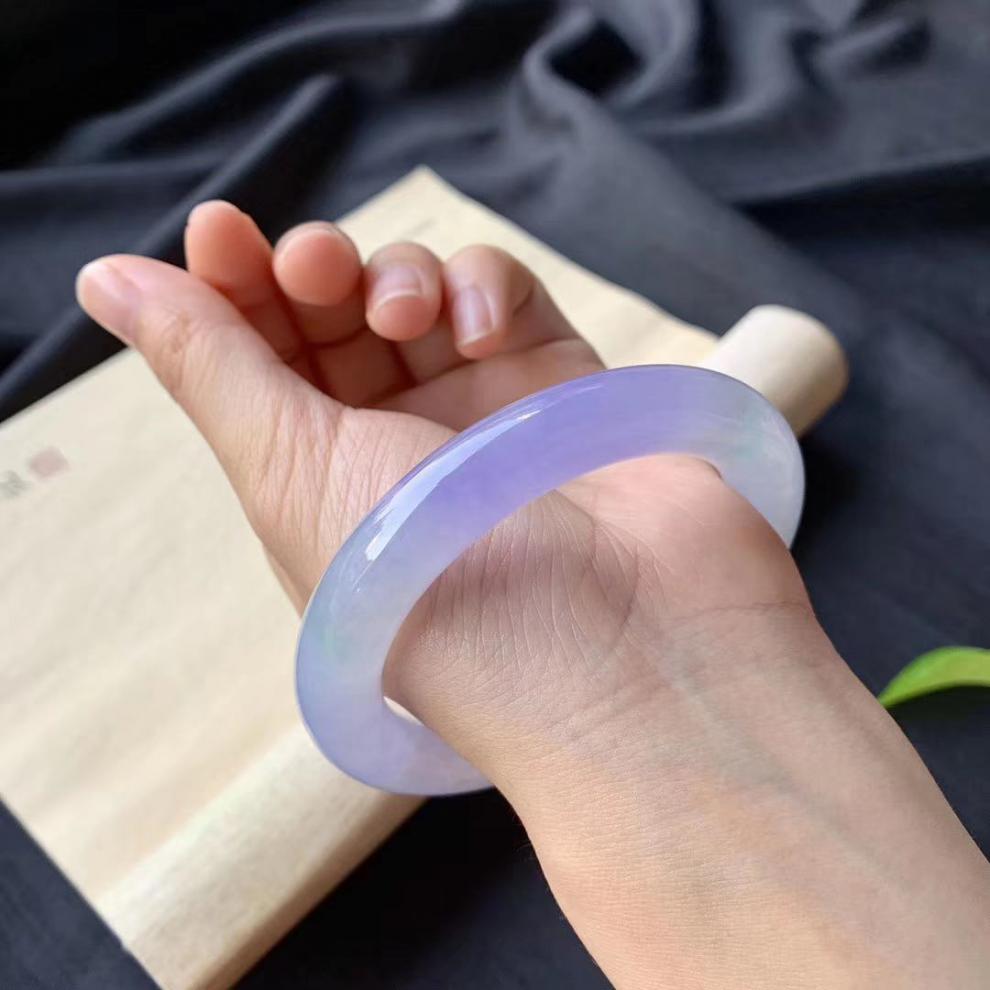 美朗格缅甸翡翠手镯冰种淡粉紫罗兰圆条翡翠玉手镯子翡翠玉镯女57号