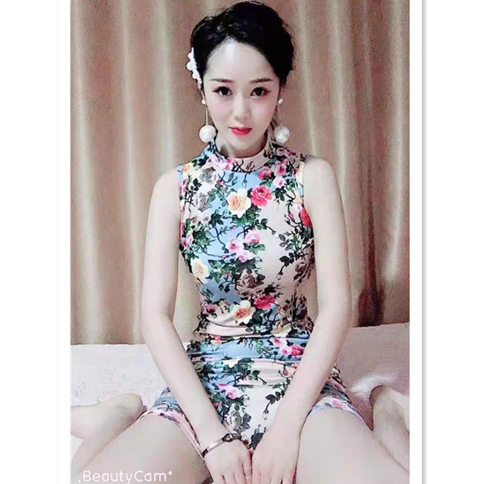 夏装短款包臀复古旗袍花色年轻款改良版紧身性感少女低开叉连衣裙杏色