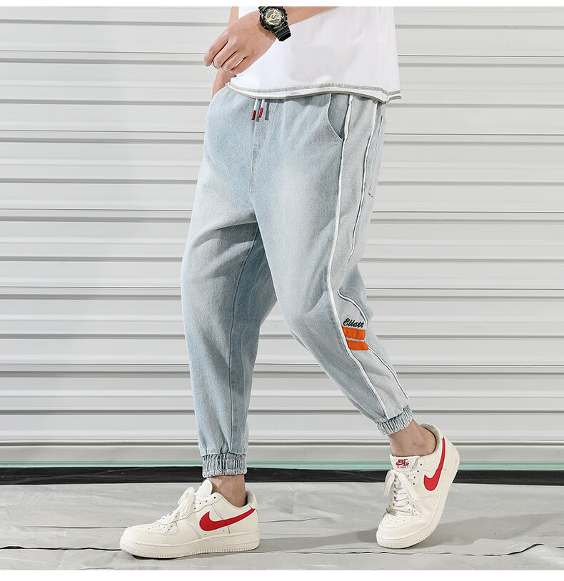 培蒙·九分牛仔裤男潮牌休闲韩版潮流束脚嘻哈9分小脚子 浅蓝色 s