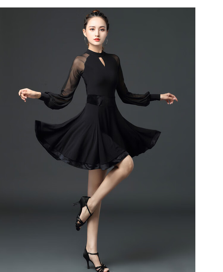 国标舞连衣裙拉丁舞裙交谊舞蹈服装演出练习大摆裙吉特巴舞 黑色 m
