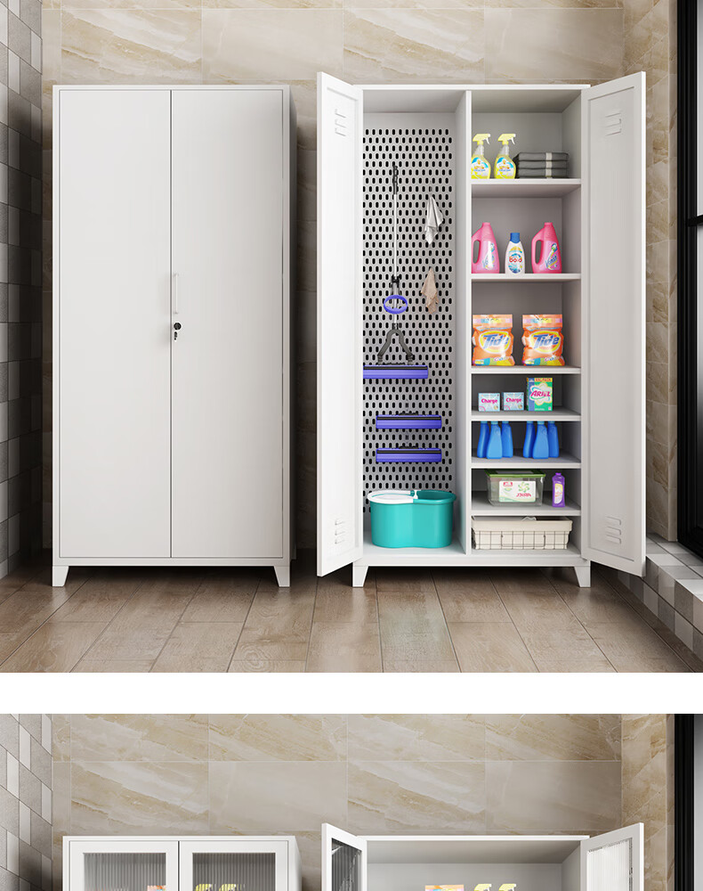 铁豹不锈钢清洁柜保洁卫生工具收纳柜家用白色置物拖把柜玻璃门家政柜