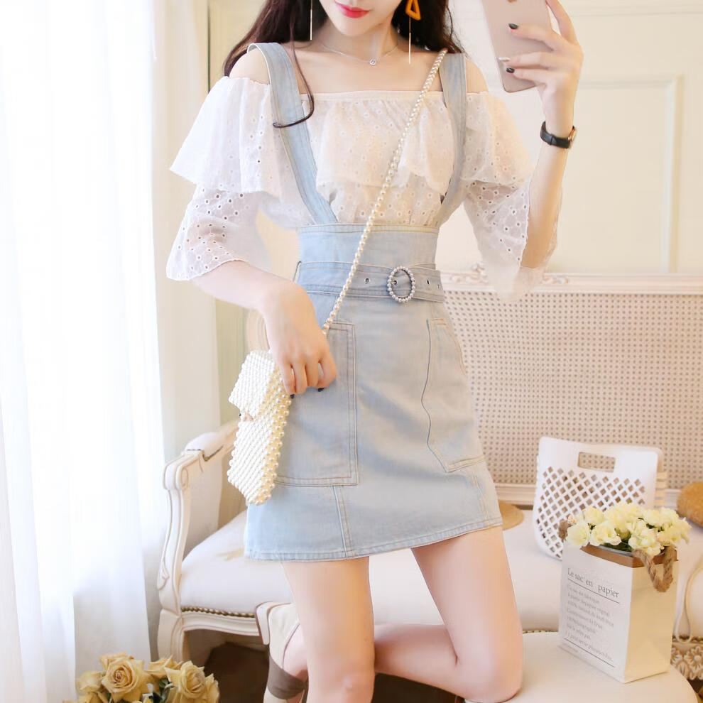 sodari时尚女装牛仔连衣裙学生露肩仙女裙一字肩显瘦小清新背带裙性感