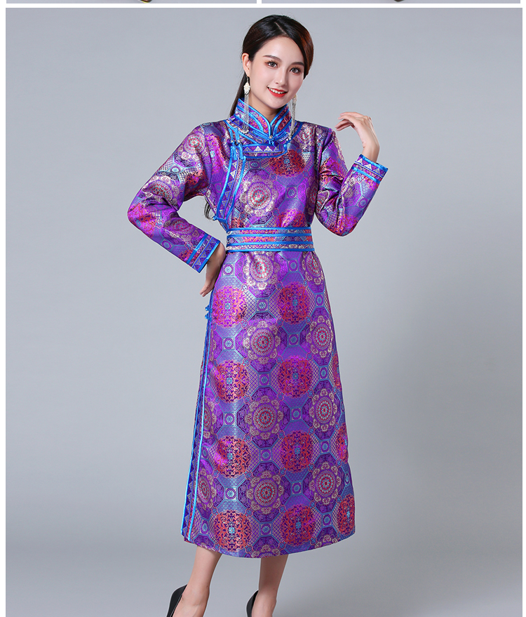 蒙古族服装女长款传统蒙古袍手工盘扣蒙古族舞蹈演出服少数民族服饰