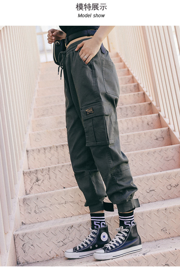 高品质工装裤女春季女装裤子女韩版风多袋魔术贴束脚宽松直筒工装裤