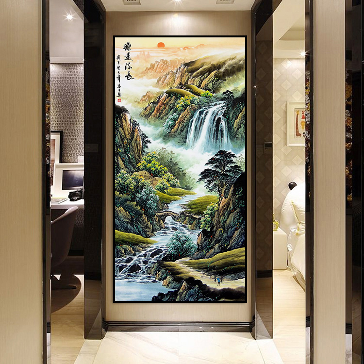 别颖进门国画山水画靠山玄关装饰画竖版走廊过道墙面壁画风水挂画海纳