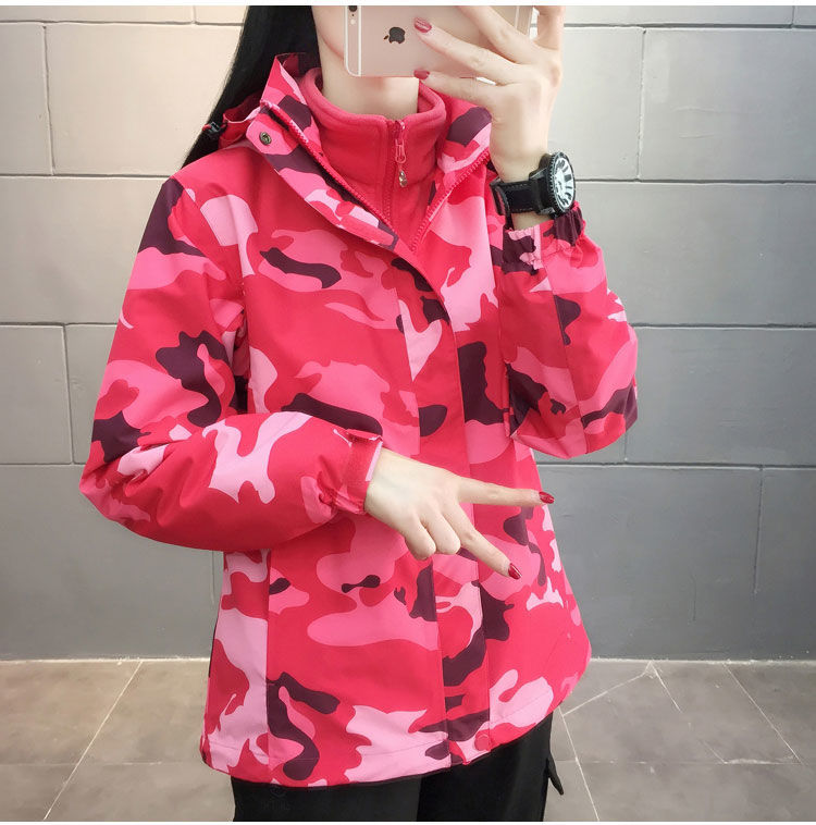 高档冲锋衣fnkm户外冲锋衣女春秋款三合一可拆卸两件套加厚迷彩登山服