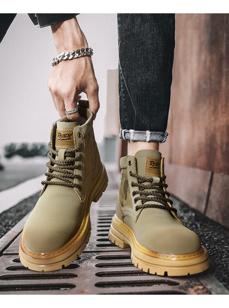 木林森(mulinsen) 复古工装靴高帮男鞋秋季迷彩大黄靴中帮马丁靴英伦