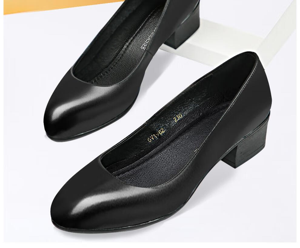 女生上班皮鞋真皮空姐工作鞋女黑色软底舒适久站不累脚粗跟职业面试鞋