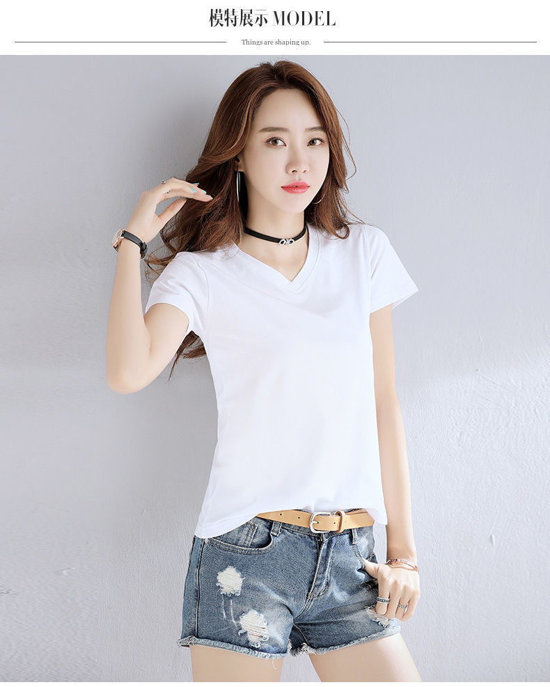 t恤女夏季新款恤百搭遮肚女装显瘦青春领短袖上衣夏季纯色汗衫女小衫