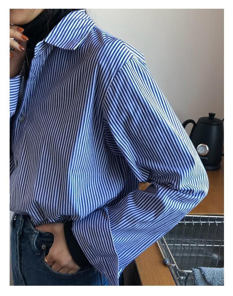 月袖蓝色竖条纹衬衫女设计感小众长袖内搭2021年新款百搭初秋叠穿上衣