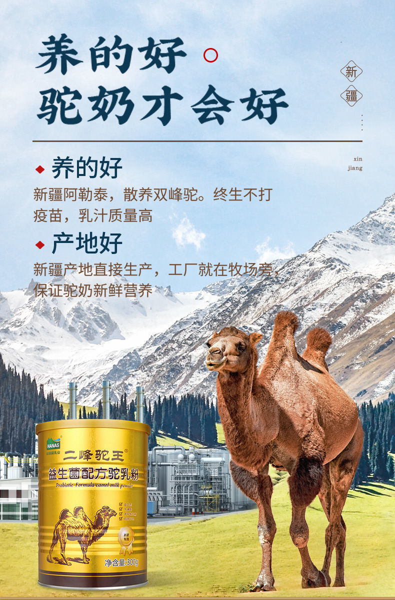 哈纳斯新疆鲜骆驼奶 300g 益生菌青少中老年儿童 全脂驼奶粉 二峰驼王