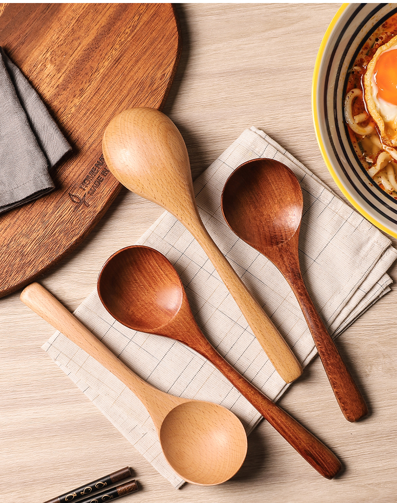 网红干饭勺汤勺家用盛汤日式拉面勺长柄实木勺子吃饭用大号盛粥勺 浅