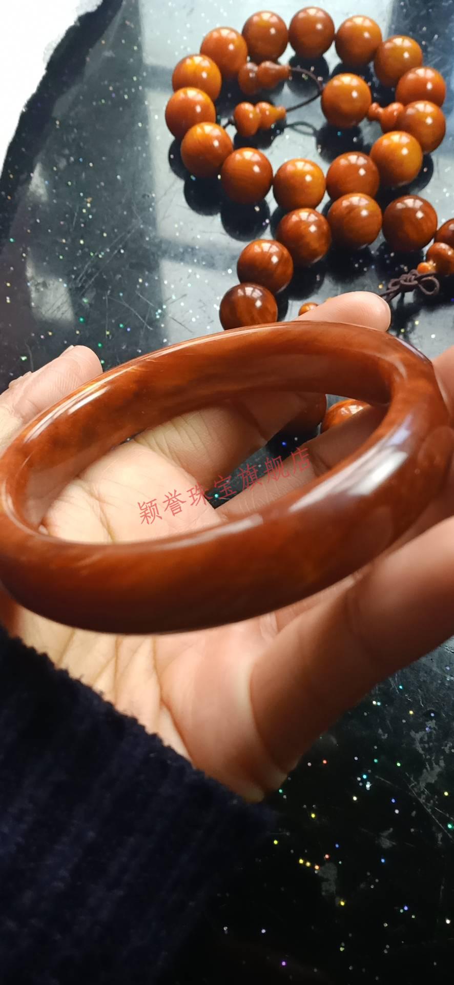 颖誉 琥珀木制手镯东北网红松明子把件原料沉香满油全透闪电纹女生 62