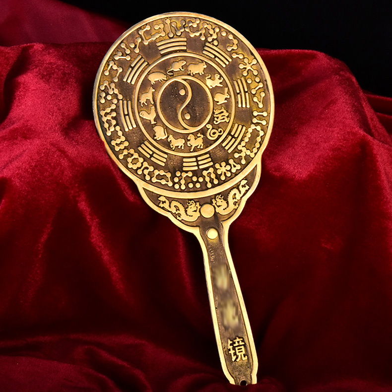 善心斋八尺纯铜神照镜黄铜带手柄铜镜太极十二生肖星宿九宫八卦镜大小