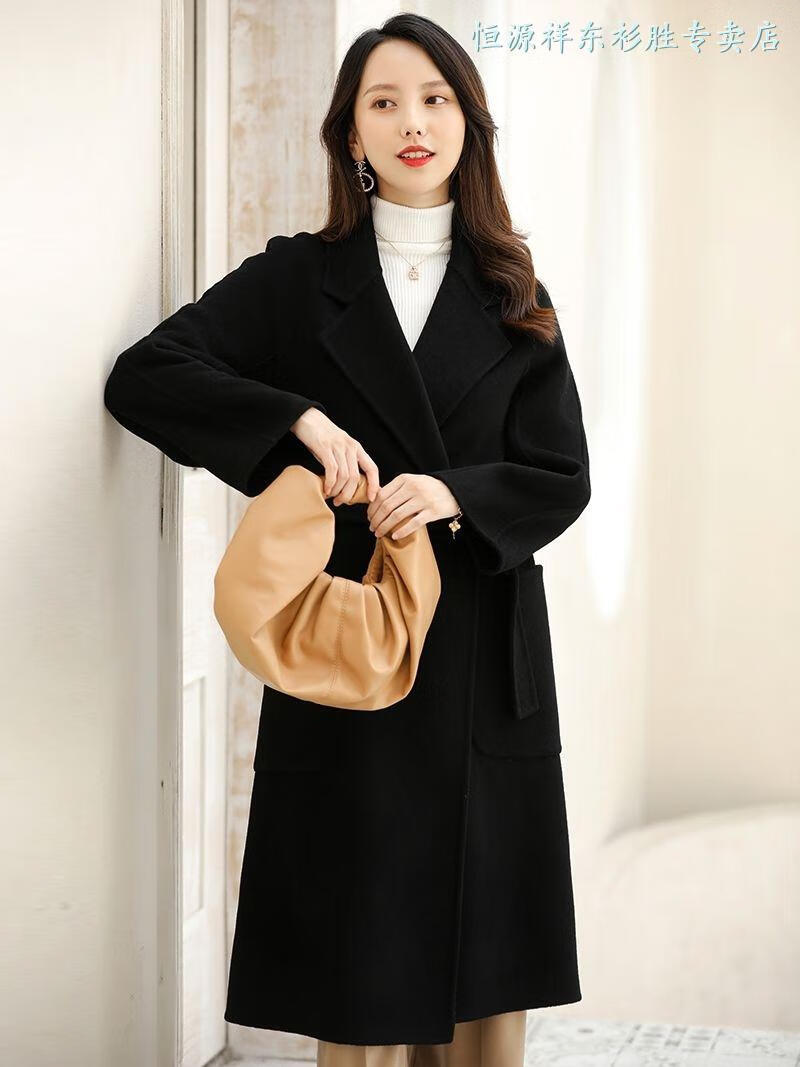 恒源祥女装黑色双面羊绒大衣女2021年秋冬新款高端中长款修身减龄毛呢