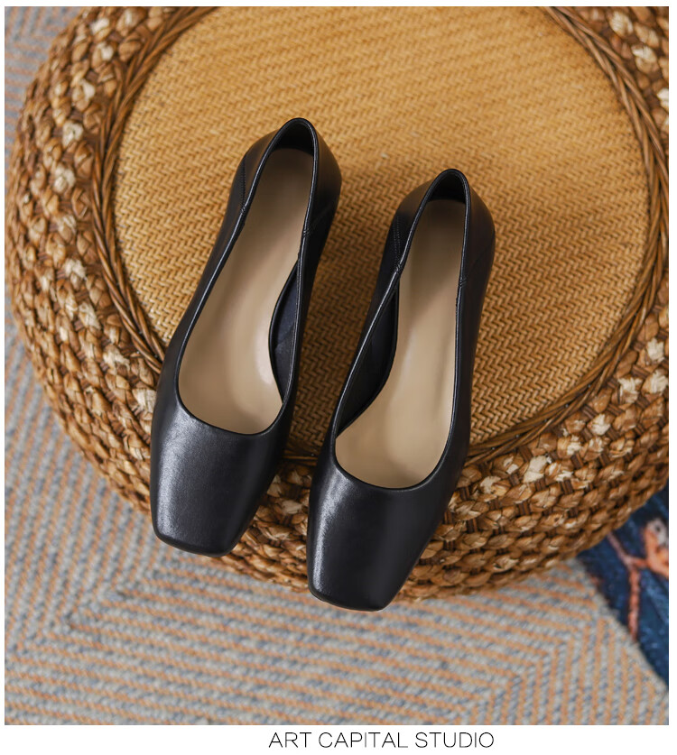 女士瓢鞋高跟软真皮法式气质方头软皮鞋职业工作鞋粗跟仙女夏季单鞋女