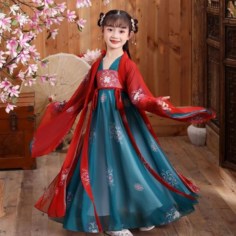 女童汉服春秋款广袖仙女公主齐胸襦裙小女孩古装中国风古筝演出服 红