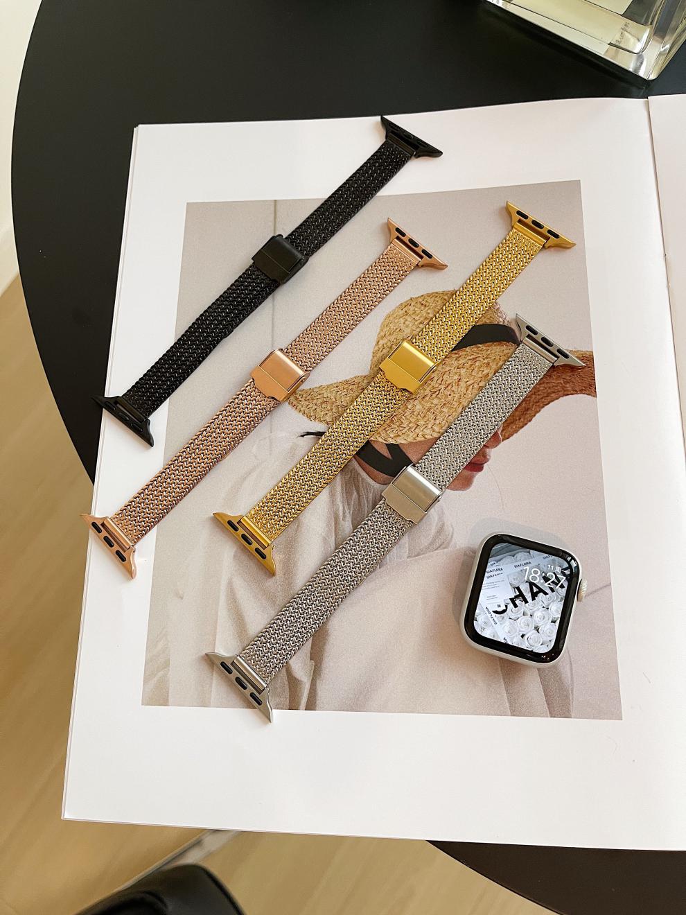 适用于applewatch7表带iwatch6代54321代金属表带创意细编织链式黑色