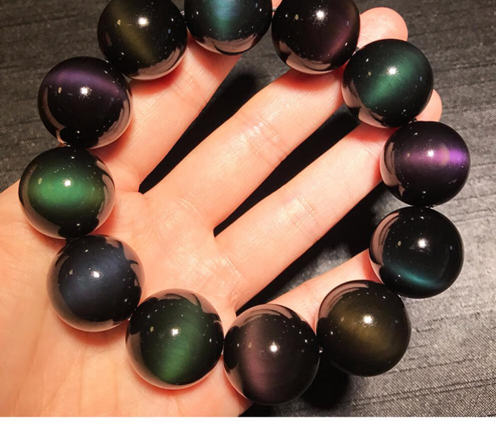 歌盼 双彩眼黑曜石手链 猫眼黑曜石双紫全绿彩虹黑耀石手串男女款 彩