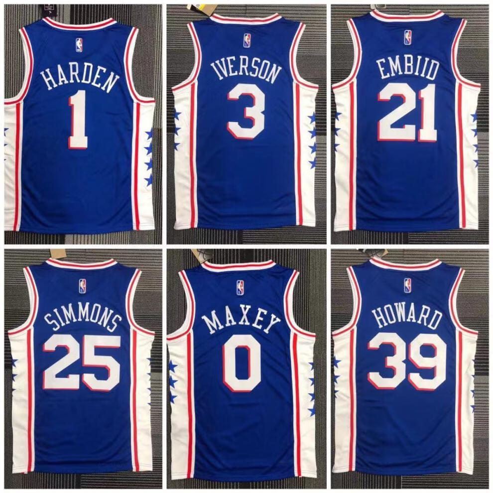 版1号哈登nba篮球服3号艾佛森21号恩比德0号西球衣 75周年 76人队白色