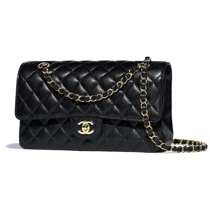 chanel/香奈儿cf黑金牛皮荔枝纹经典口盖包女士单肩包 精选礼品网红