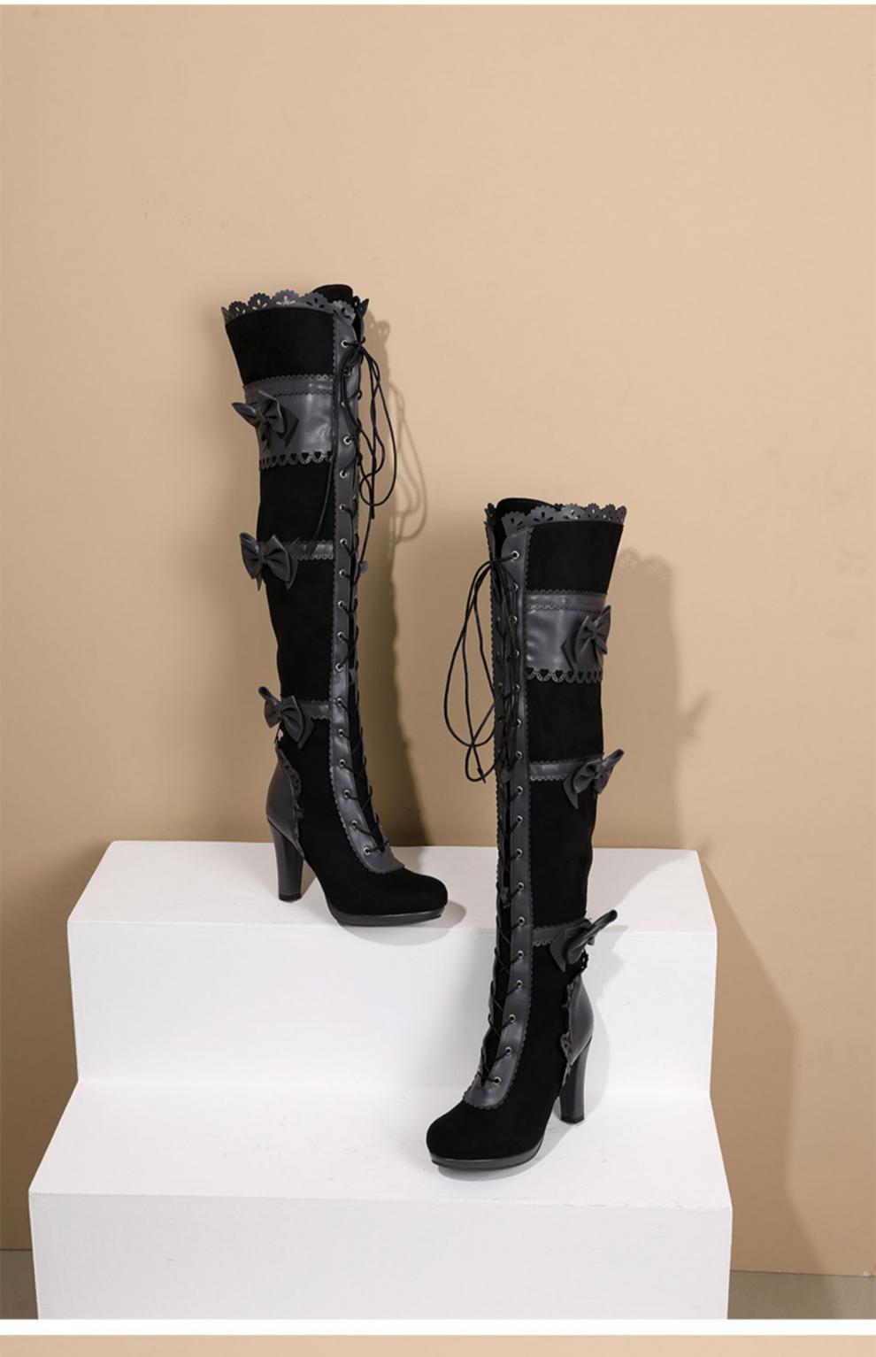 tredemanlee 过膝长靴女甜美洛丽塔拼接蝴蝶结系带粗高跟大码性感骑士