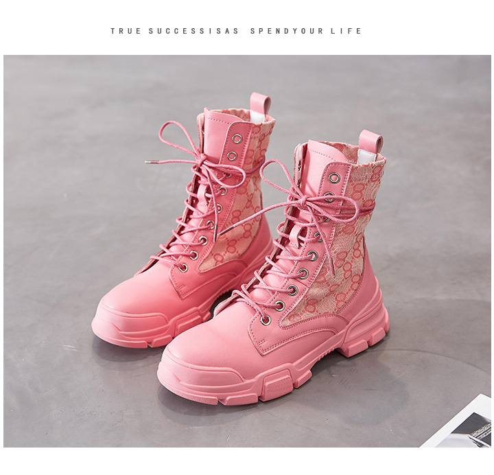 海澜集团旗下海澜优选品牌 粉色马丁靴女英伦风2022年新款春秋季薄款