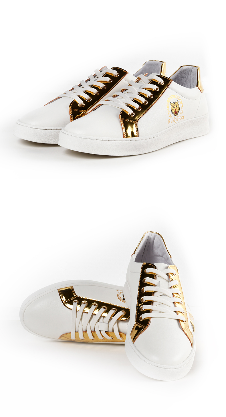 raidy boer/雷迪波尔男士牛皮革时尚简约虎头系带休闲板鞋2005 白色