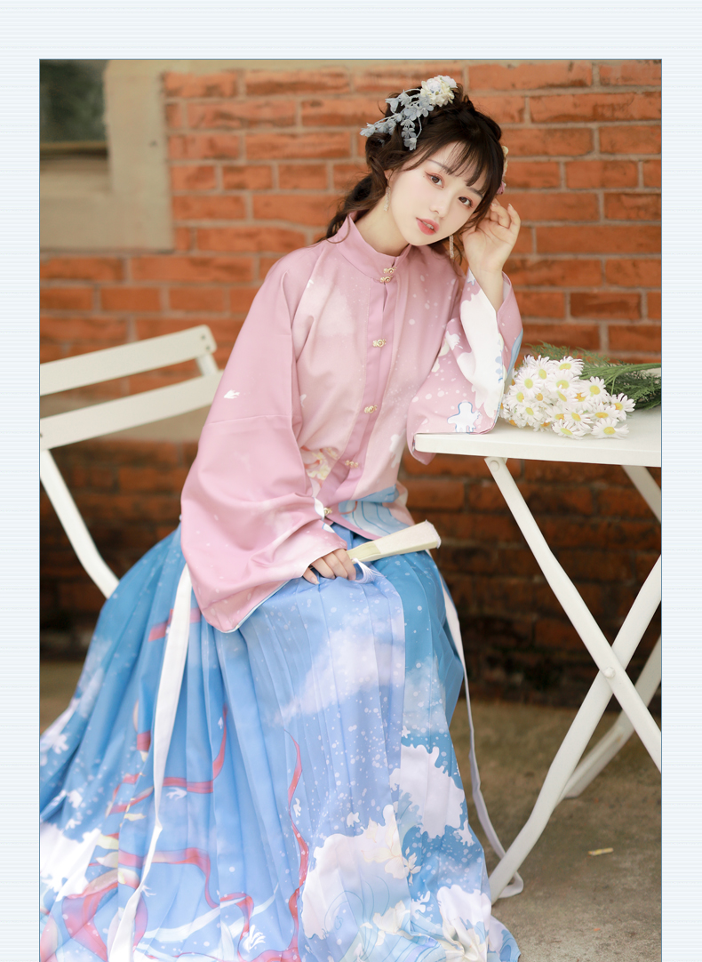 鼎毳貂明制汉服女原创中国风立领百褶裙日常春夏秋蓝衣红裙45米印花款