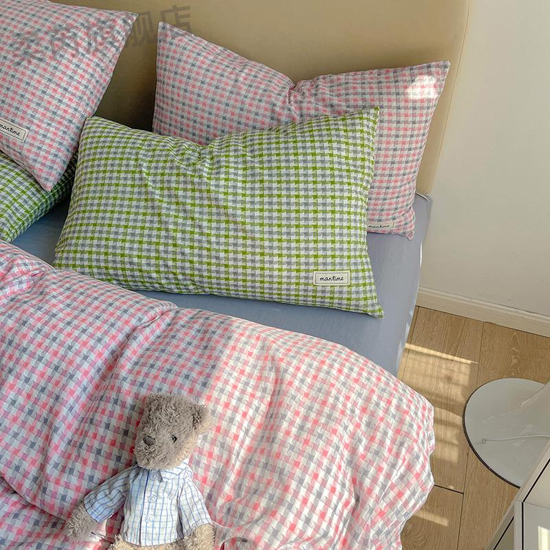 夏季透气水洗棉枕头套花仙格子水洗纯棉枕套一对4874柔软透气全棉格子