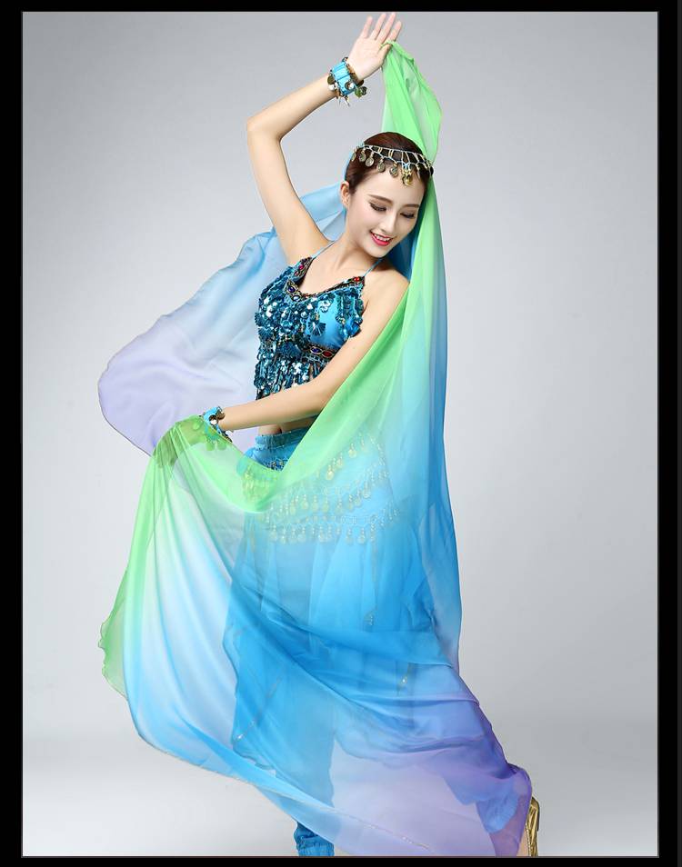 加长加宽肚皮舞纱巾彩色渐变色手纱抛纱大纱巾舞蹈演出大丝巾 蓝黄玫